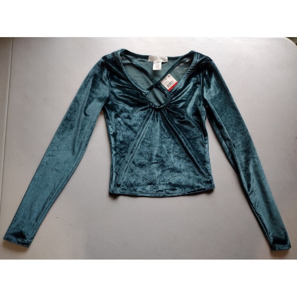 Planet Gold Velvet‎ Keyhole Long Sleeve Top Deep Teal XS